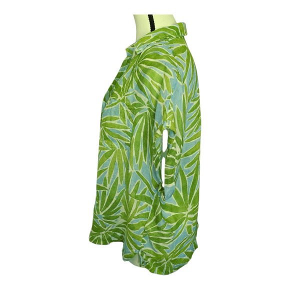 Sigrid Olsen Top Womens Size Medium Green/ Blue Palm Leaf 100% Linen Button Up - Picture 2 of 10